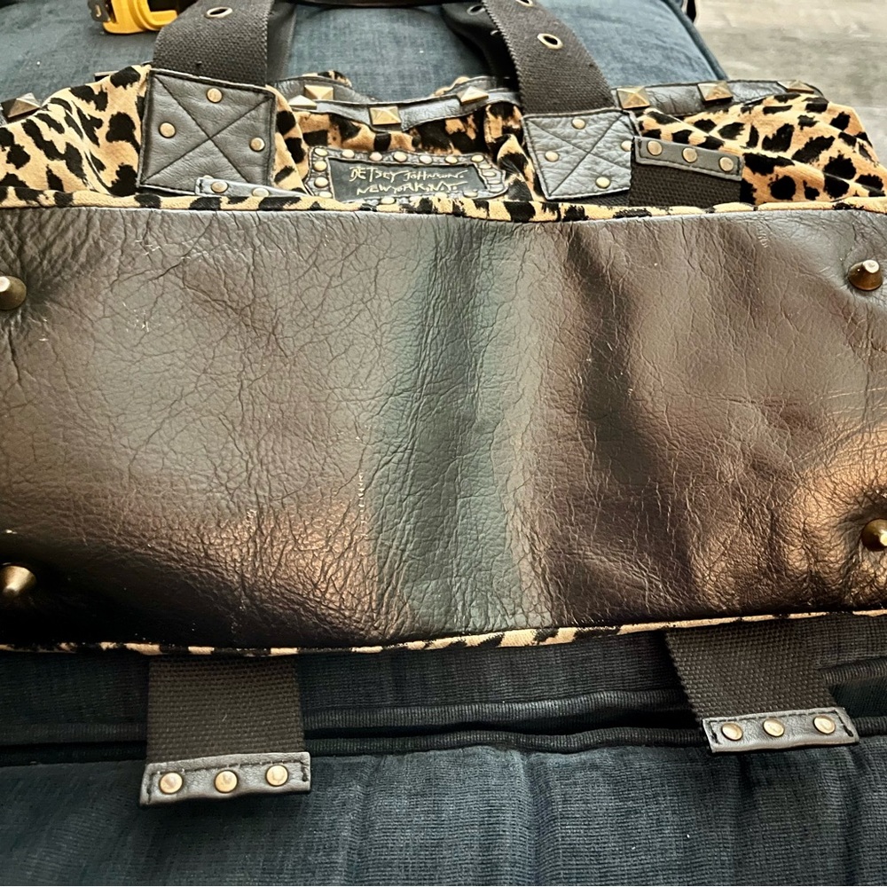 Large Vintage Betsey Johnson Leopard Print Tote Bag with Studded Trim - Picture 7 of 10